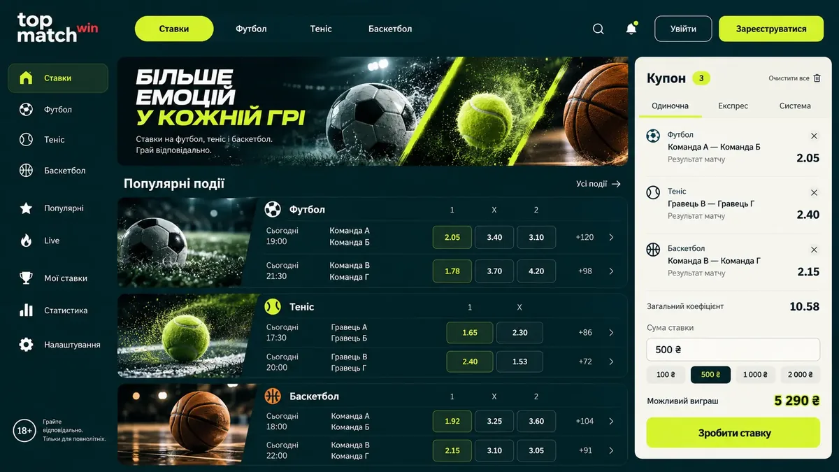 Розділ ставок у казино TopMatch з картками подій