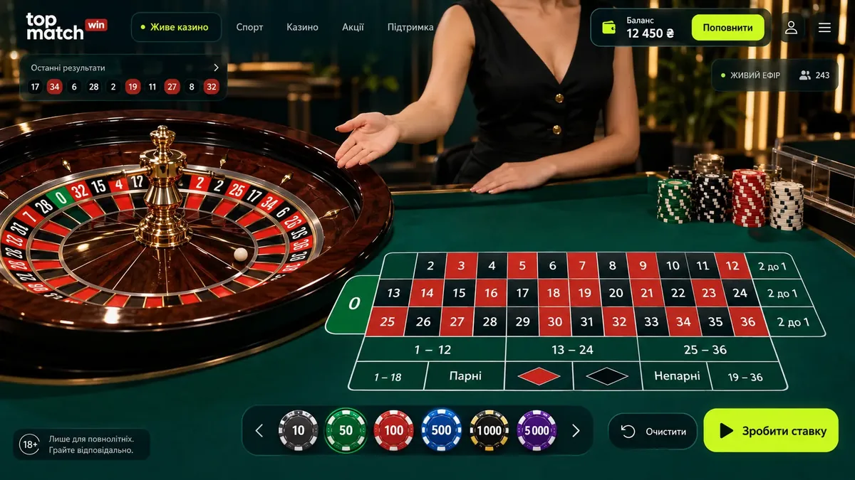 Стіл живої рулетки в студії live-казино TopMatch