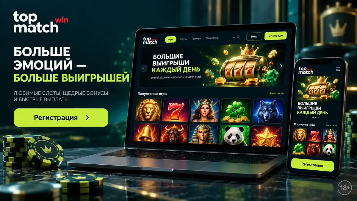 Лобби онлайн-казино TopMatch на ноутбуке и смартфоне